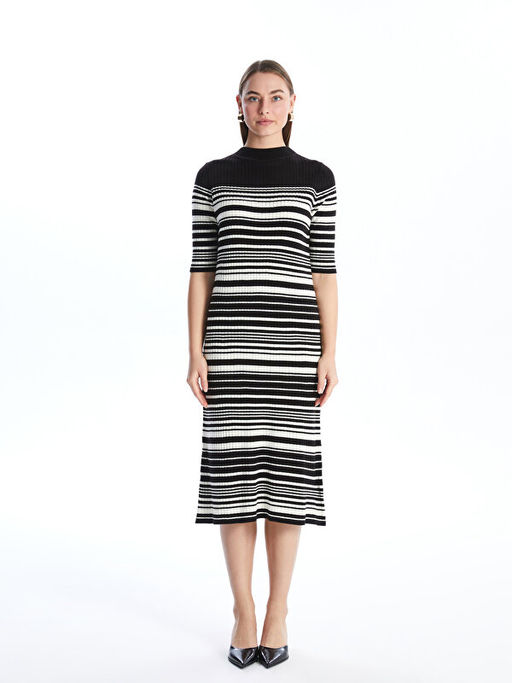 Bisiklet Yaka ?izgili K?sa Kollu Kad?n Triko Elbise