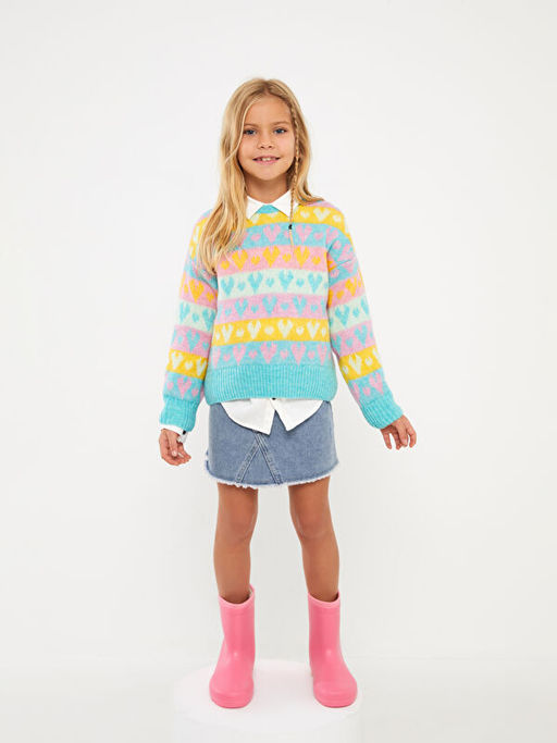 Bisiklet Yaka Desenli Uzun Kollu K?z ?ocuk Triko Kazak - Waikiki фото 3