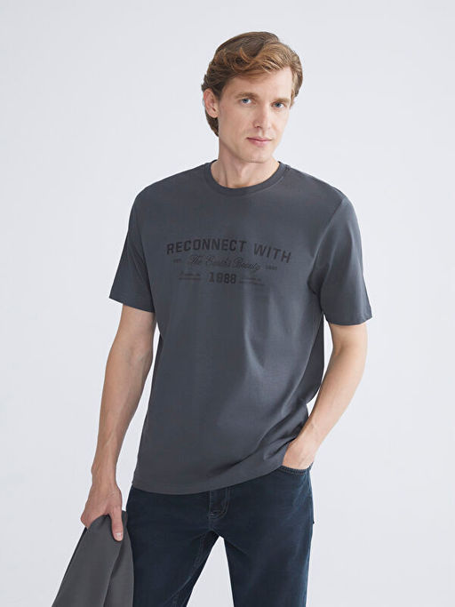 Bisiklet Yaka Bask?l? Penye Erkek Ti??rt