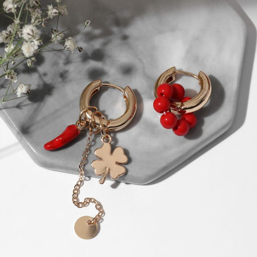 Серьги со съёмным элементом «Трансформер» клевер, цвет красный в золоте