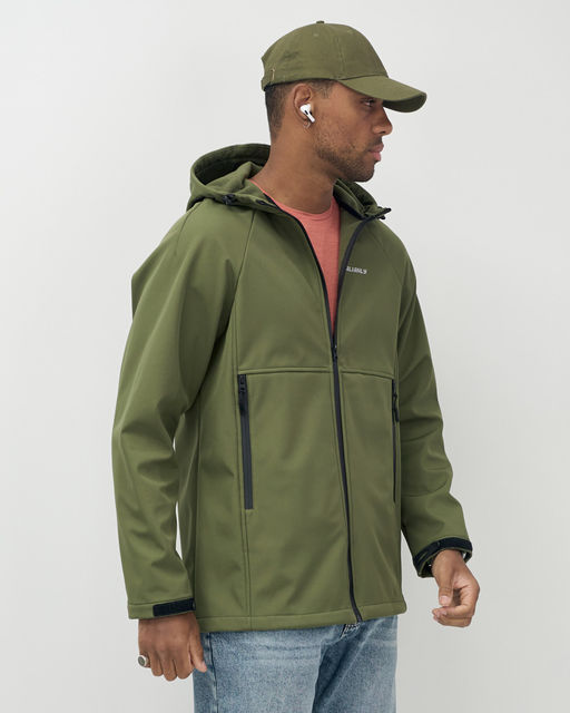 Ветровка спортивная мужская с капюшоном softshell цвета хаки 9563Kh