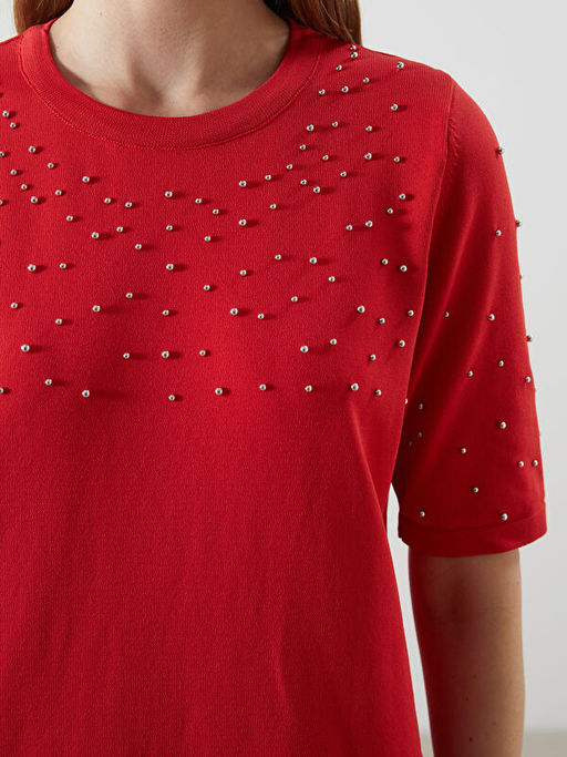 Bisiklet Yaka Boncuk ??lemeli Triko Elbise