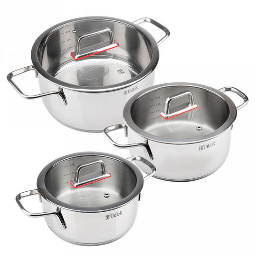 Набор кастрюль из нержавеющей стали Tendency 3 штуки: 2л - д18см, h8,8см, 2,8л - д20см, h9,8см, 5л, д24см, h11,8см, s0,6мм, дно s2,8мм, плоская стеклянная жаропрочная крышка, пароотвод, стальной обод, капсулированное дно, прутковые ручки из нержаве