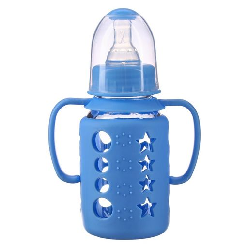 Бутылочка в силиконовом чехле, с ручками, стекло, классическое горло, 120 мл., +0 мес, цвет голубой - Крошка я фото 2