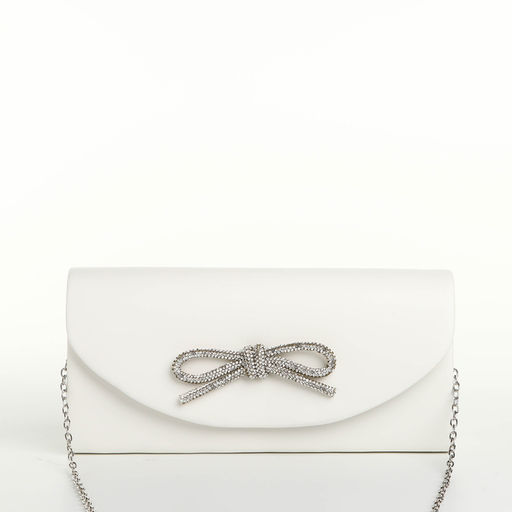 Сумка-клатч женская вечерняя на магните, на длинной цепочке, с декоративным бантом, белая