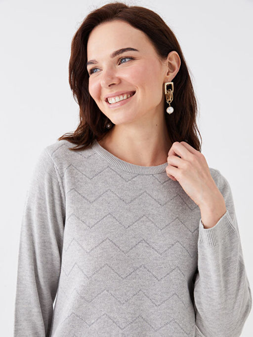 Bisiklet Yaka Kendinden Desenli Uzun Kollu Kad?n Triko Kazak