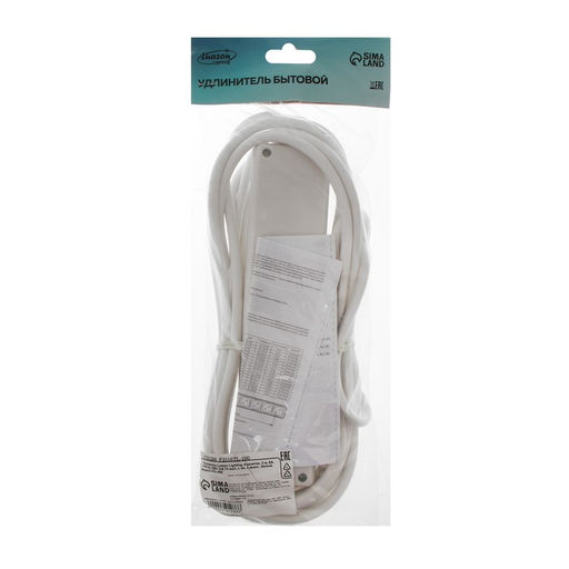 Удлинитель Luazon Lighting, 4 розетки, 5 м, 6 А, 1300 Вт, 3×0.75 мм2, с заземлением, с выключателем, белый