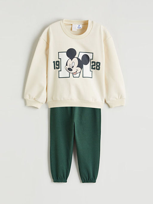 Bisiklet Yaka Uzun Kollu Mickey Mouse Bask?l? Erkek Bebek Sweatshirt ve E?ofman Alt?