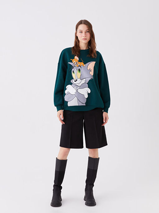 Bisiklet Yaka Tom ve Jerry Bask?l? Uzun Kollu Oversize Kad?n Sweatshirt - Waikiki фото 3
