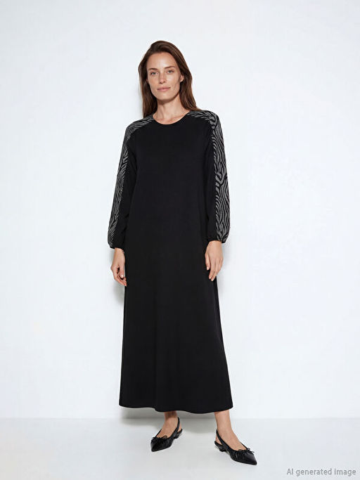 Bisiklet Yaka Desenli A Kesim Elbise