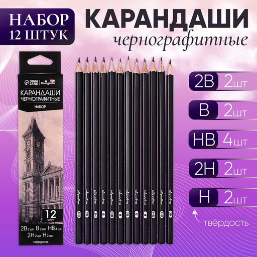 Набор карандашей чернографитных 12 штук (2 шт.-2 В, 2 шт.-В, 4 шт.-НВ, 2 шт.-Н, 2 шт.-2Н)