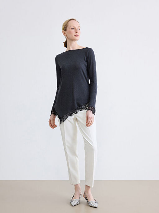 Kay?k Yaka Asimetrik Dantel Bluz