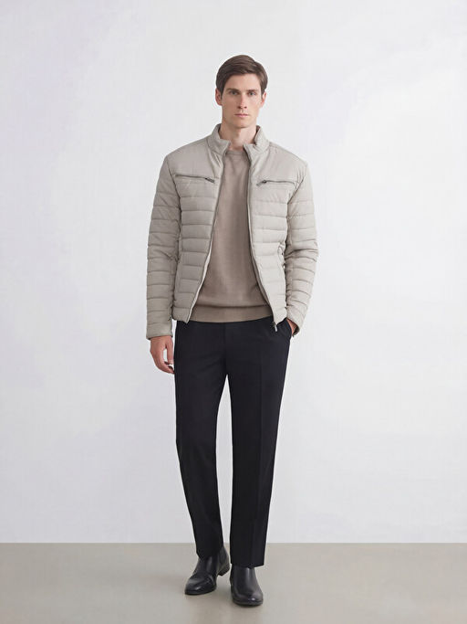 Slim Fit Dik Yaka Erkek Deri G?r?n?ml? Mont