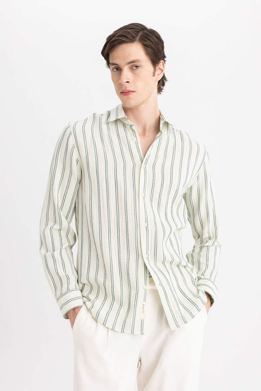 Рубашка в полоску с длинными рукавами и воротником-поло стандартного кроя - Defacto фото 3