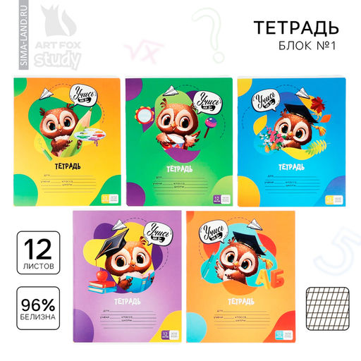 Тетрадь 12 листов в частую косую линейку Учись на 5+, обложка мелованный картон, блок №1, 5 видов МИКС - Artfox study фото 11