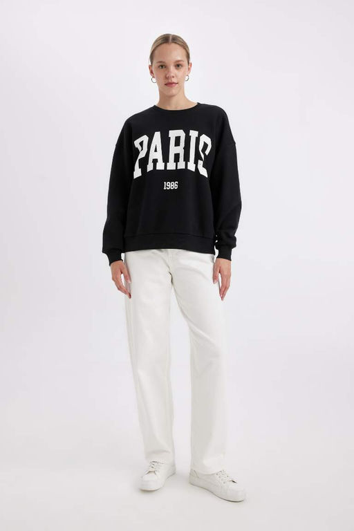 Толстовка из плотной ткани свободного кроя с круглым вырезом и принтом - Defacto фото 2