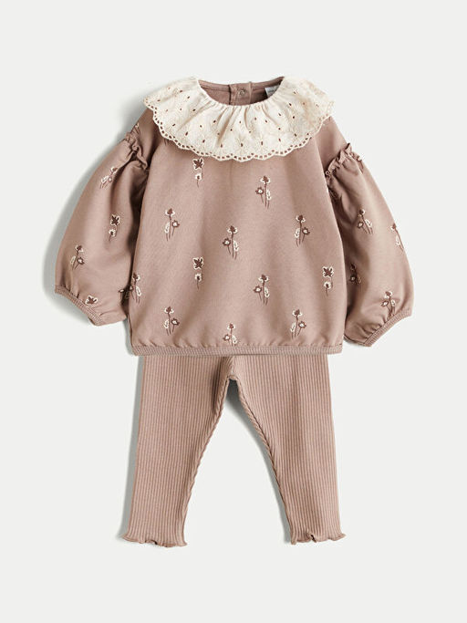 Bebe Yaka Uzun Kollu Bask?l? K?z Bebek Sweatshirt ve Tayt 2li Tak?m