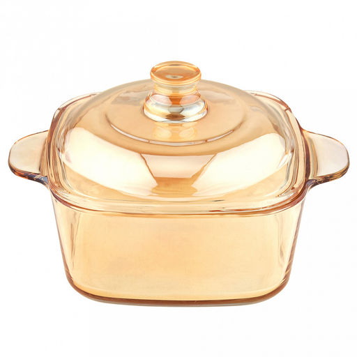 Салатник стеклянный Мимоза 0,92л, 14,8х19,7х6,8см, основание 13х13см, общая h12,3см, стеклянная крышка, 2 ручки, янтарный перламутровый, в коробке (Китай)