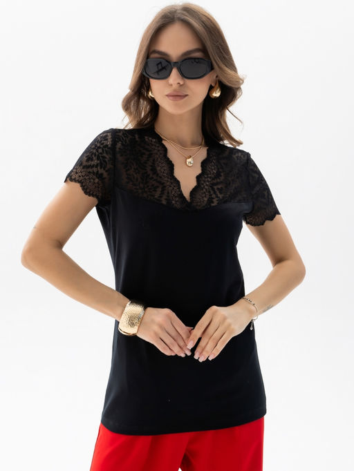 Футболка с кружевом, ,хлопок 95%, лайкра 5%, черная - Binita фото 4