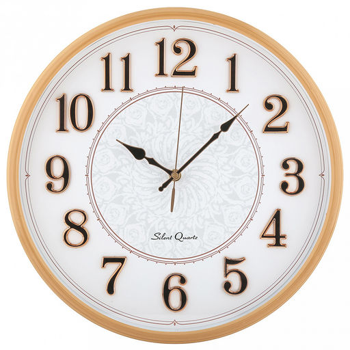 Часы настенные Пава д37,5см, h5,5см, мягкий ход, циферблат Перо белый/перламутровый; цифры арабские, черный с обводкой золотого цвета; корпус пластик, бежевый под дерево; в коробке (Китай)