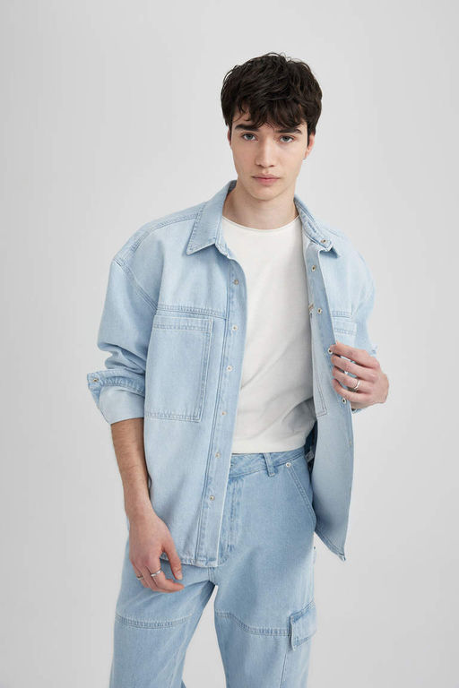 Джинсовая рубашка оверсайз с длинными рукавами - Defacto фото 4