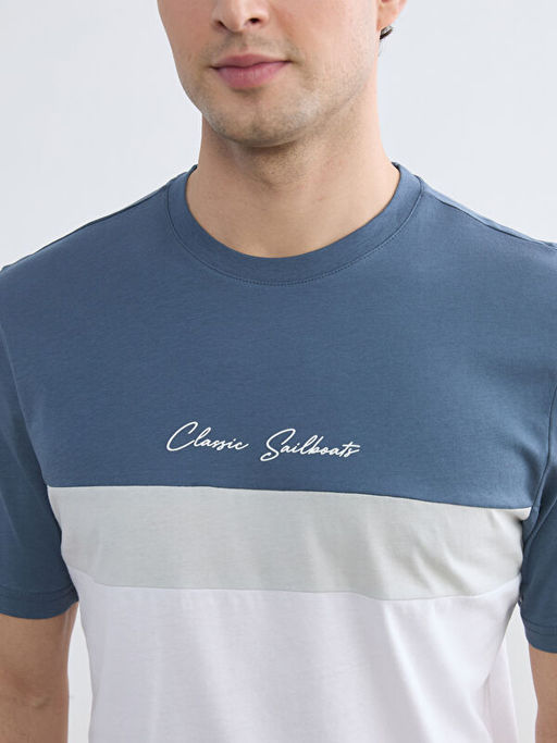 Bisiklet Yaka Renk Bloklu Penye Erkek Ti??rt