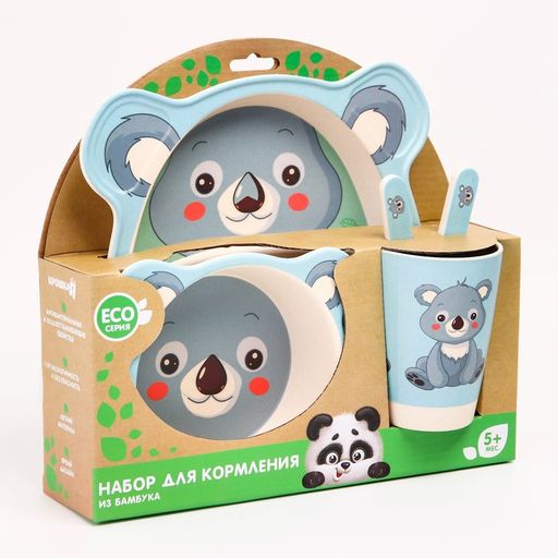 Набор бамбуковой посуды Коала, тарелка, миска, стакан, приборы, 5 предметов - Крошка я фото 2