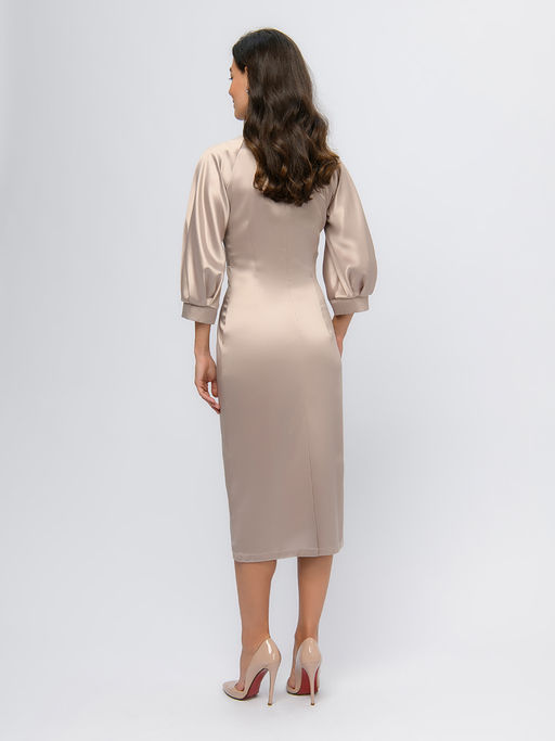 Платье бежевого цвета длины миди с пышными рукавами - 1001dress фото 3