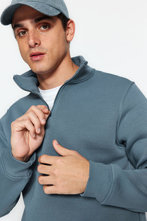 Mavi Regular/Normal Kesim Dik Yaka Fermuarl_ Pamuklu Basic __i Polarl_ Sweatshirt TMNAW24SW00041 - Trendyolmilla фото 2
