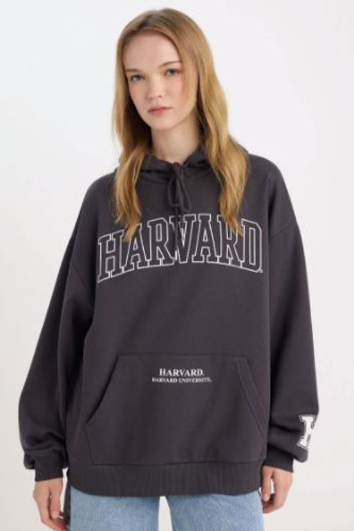 Harvard University Oversize Genis Kal?p Kapusonlu Cepli Kal?n Sweatshirt