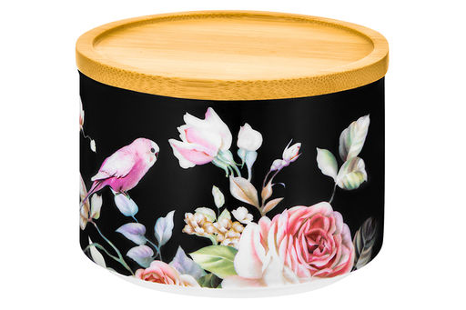 Банка д/хранения и запекания 250 мл 9,3*9,3*7 см Певчие птички на черном+бамб.крышка-подс.с сил.уп