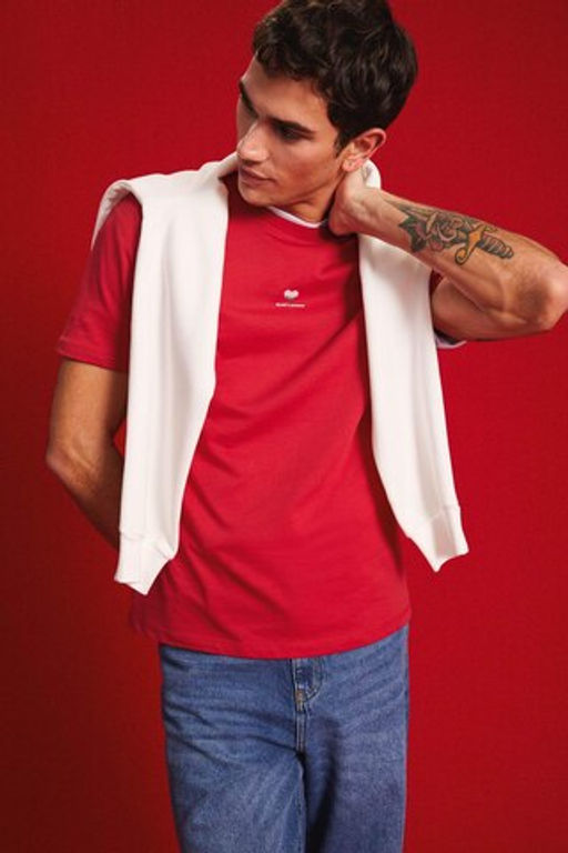 Bisiklet Yaka Kalp Bask?l? K?sa Kollu K?rm?z? Tisort - Defacto фото 4