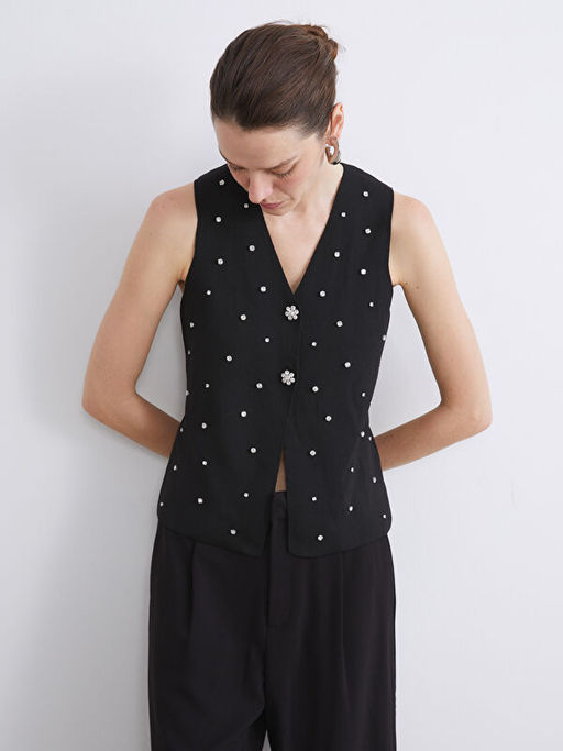 V Yaka Ta?l? Kad?n Triko Yelek