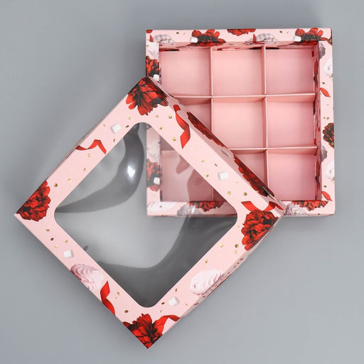 Цена за 5 шт. Коробка для конфет, кондитерская упаковка, 9 ячеек, Present, 14.7?14.7?3.5 см