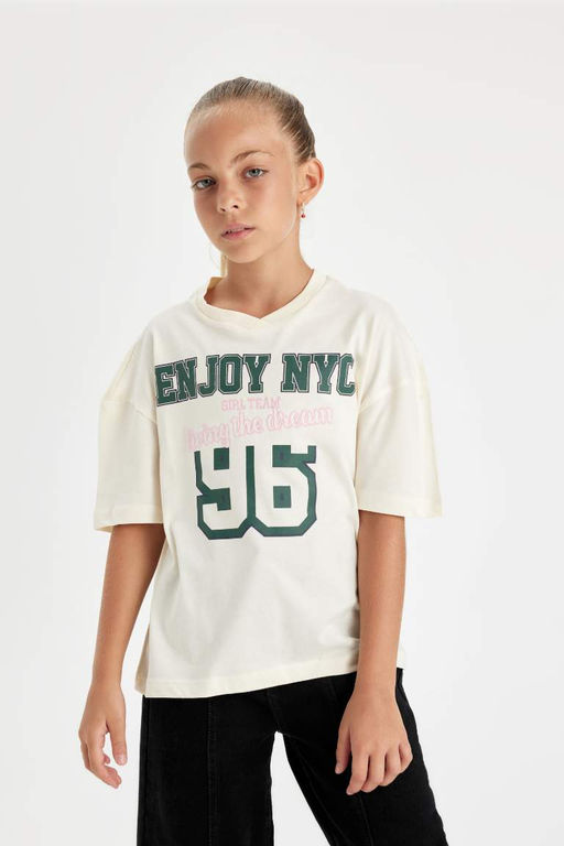 Школьная футболка Relax Fit с v-образным вырезом и принтом для девочек с короткими рукавами - Defacto фото 3