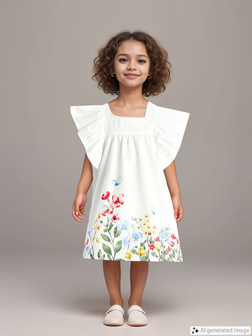 Kare Yaka K?sa Kollu ?i?ekli K?z Bebek Elbise