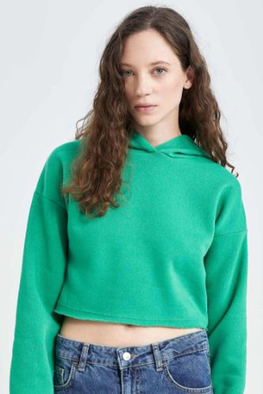 Crop Kapusonlu Basic Duz Sweatshirt