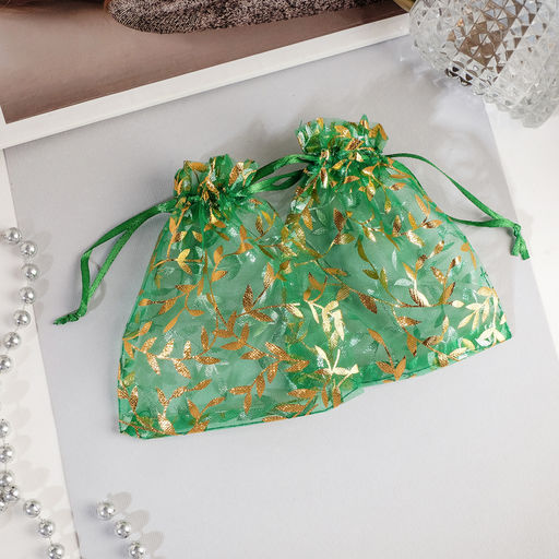 Цена за 100 шт. Мешочек подарочный Веточки 10x12, цвет изумрудный с золотом - Simaland фото 2