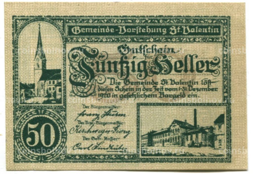50 геллеров 1920 года Австрия Санкт-Валентин (нотгельд)