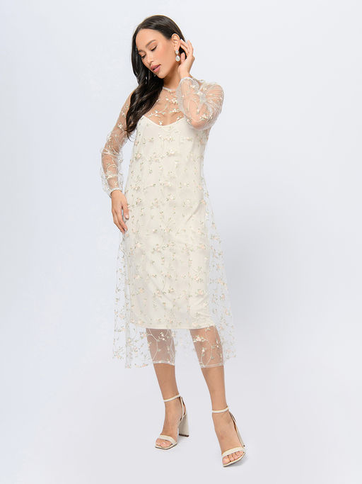 Платье бежевого цвета длины миди с цветочной вышивкой - 1001dress фото 8