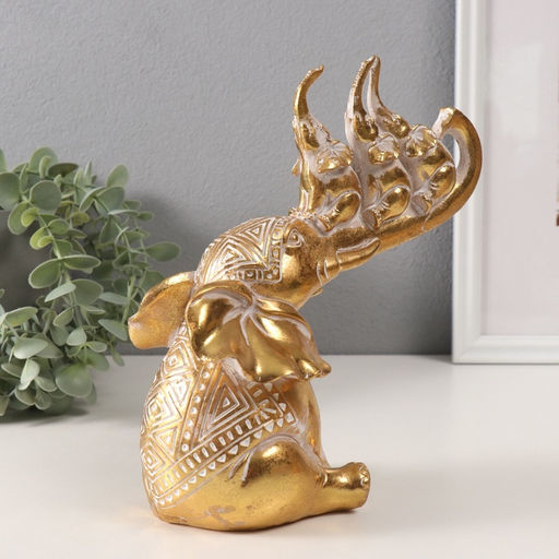 Фигурка полистоун «Слон и 3 слонёнка на хоботе. Индейские узоры», золото, 19.8×10.3×21.5 см