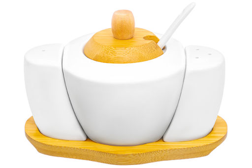 Набор - сахарница 300 мл 16*10*11 см "Айсберг" с ложкой + солонка + перечница на дер. подст.