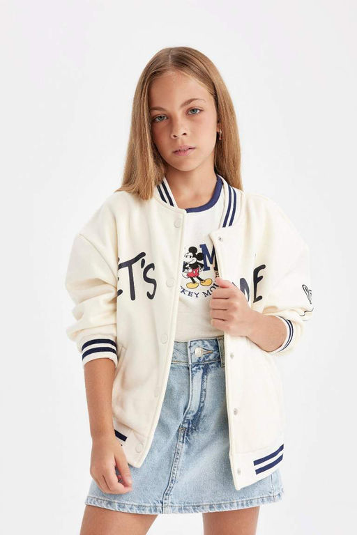 Бомбер с принтом и воротником-стойкой для девочек, толстый кардиган на мягкой подкладке - Defacto фото 4