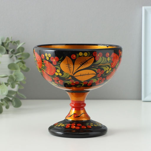 Конфетница на ножке, 14×14 см, дерево, хохлома