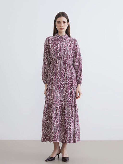 G?mlek Yaka Desenli Belden Oturtmal? Elbise