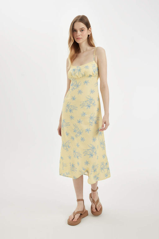 Льняное платье миди с цветочным принтом и бретельками А-силуэта - Defacto фото 7