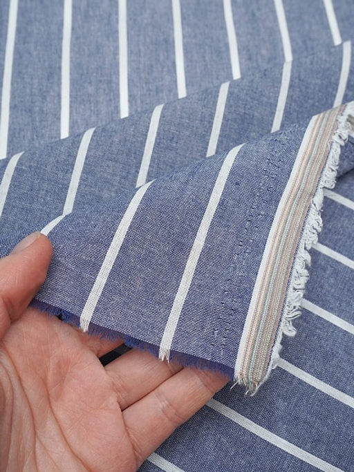 Вареный (стираный) хлопок "Белая полоска (3мм)на джинсово-синем меланже", ш.2.5м, хл-100%,110гр/м.кв