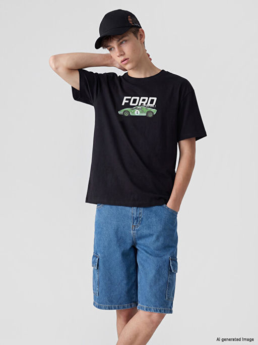 Bisiklet Yaka Ford Bask?l? Erkek ?ocuk Ti??rt