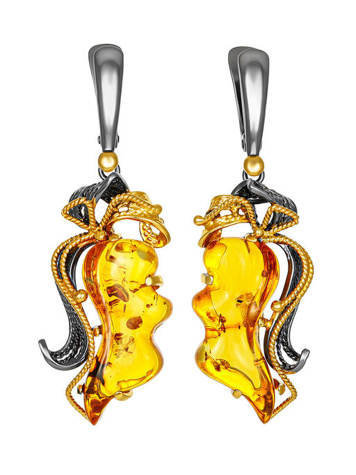 Яркие крупные серьги из натурального золотистого янтаря Филигрань