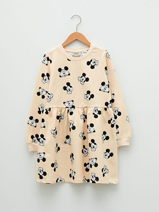 Bisiklet Yaka Mickey Mouse Bask?l? Uzun Kollu K?z ?ocuk Elbise